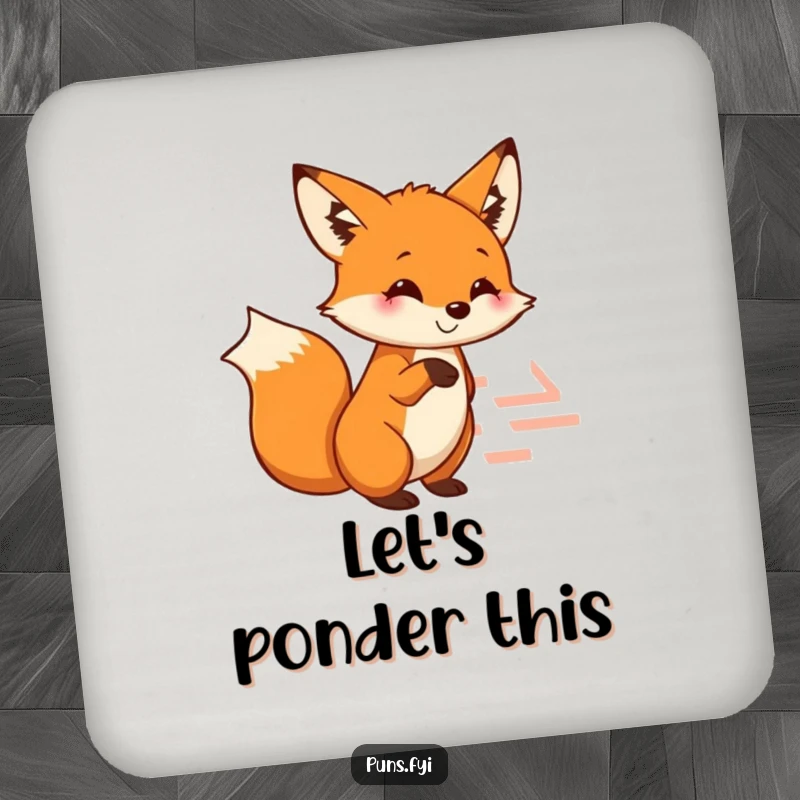 Funny fox coaster depicting a smiling fox pointing at a maze, perfect for protecting tables with a touch of humor.