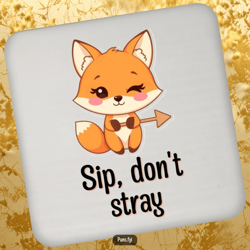 Funny coaster featuring a winking fox character holding a crossed-out arrow, adding a witty and protective touch to tabletops.