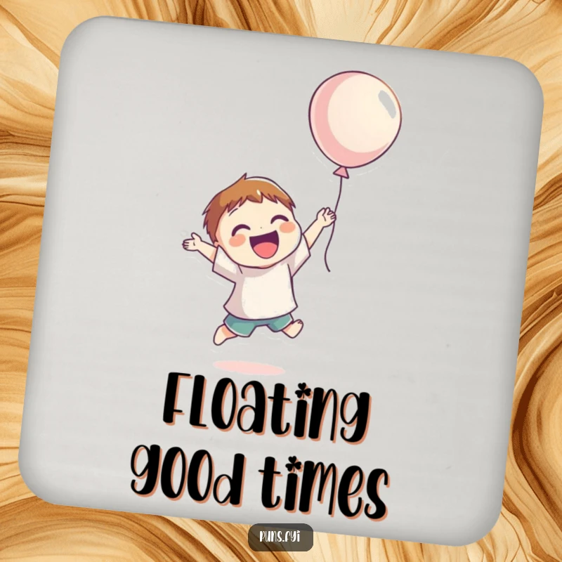 Funny Coaster showing a smiling character jumping for joy, reaching for a floating balloon, protecting surfaces with cheerful charm.
