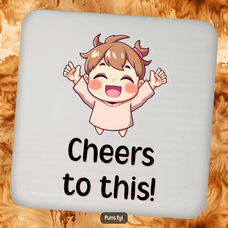 Funny Coaster: A coaster showing a character joyfully cheering with both hands lifted high, adding a touch of celebratory fun to any surface.