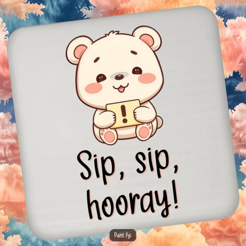 Funny kawaii bear with a playful grin holding an exclamation mark sign on a drink coaster, perfect for a funny gift.