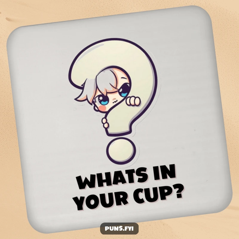 Funny Coaster: A coaster depicting a mischievous character peeking with a curious expression from behind a large, colorful question mark, for playful decor.