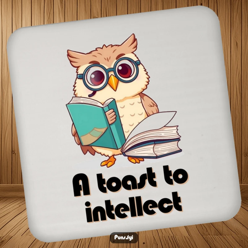 Funny owl coaster with a happy owl wearing a monocle, pointing at a large book, protecting surfaces with scholarly humor.