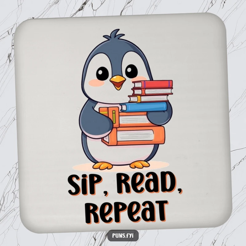 Funny Penguin Drink Coaster featuring a happy penguin offering books, adding a touch of humor to table settings.