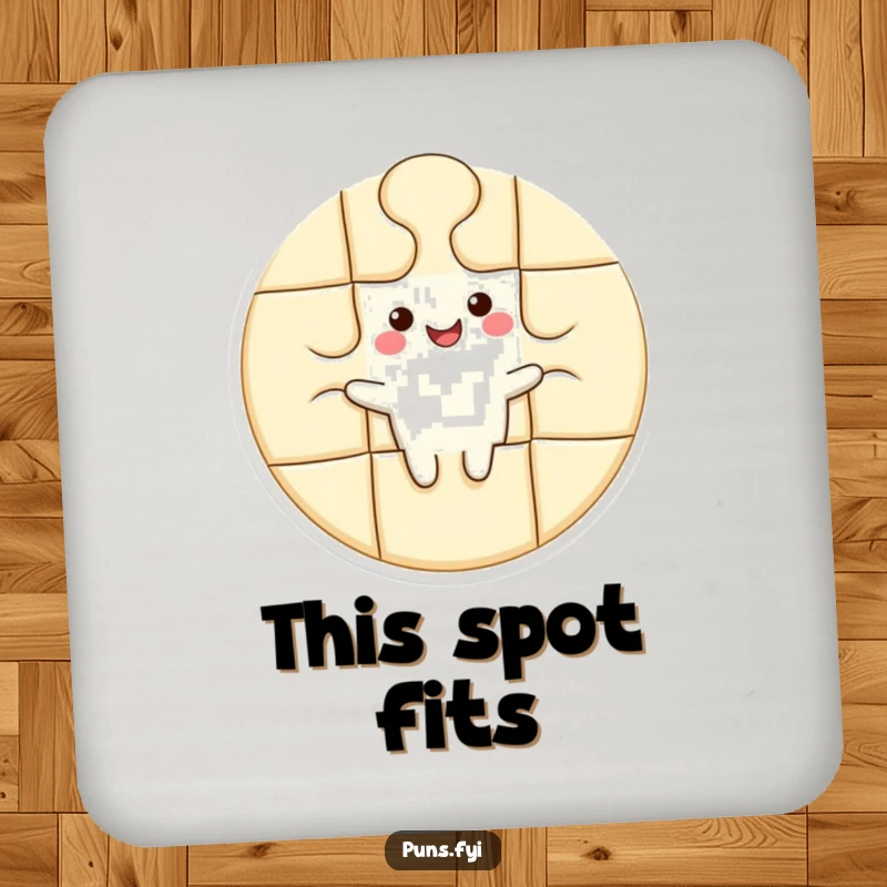 Funny drink coaster featuring a happy puzzle piece character perfectly integrated into a larger shape, protecting surfaces with style.