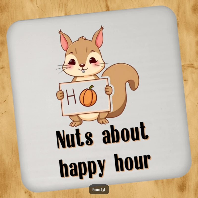 Funny squirrel drink coasters featuring a playful squirrel holding a sign with a drawing of a nut, protecting surfaces with humor.