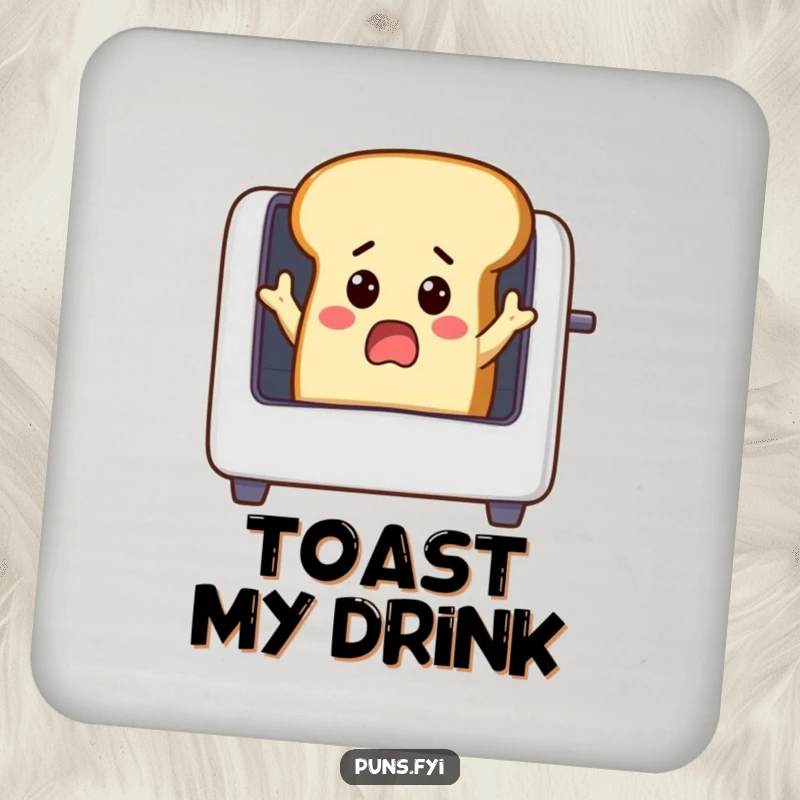Funny surprised loaf of bread with small arms reaching into a toaster, set of drink coasters, providing humorous protection for surfaces.