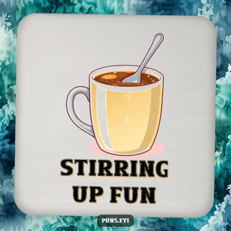 Funny drink coaster featuring a tiny spoon stirring a large mug of sparkling liquid, adding a touch of humorous effort.
