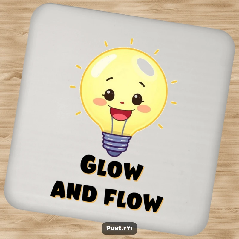 Funny drink coaster featuring a cheerful, glowing lightbulb character, protecting surfaces with bright ideas, perfect as a small funny gift.
