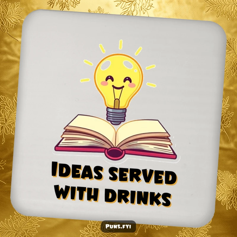 Funny lightbulb coaster with a smiley face lightbulb popping out of a book, protecting surfaces with bright, creative humor.
