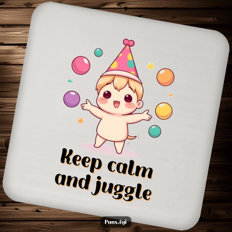 Funny Coaster showing a cute character in a party hat, enthusiastically juggling colorful balls, protecting surfaces with festive cheer.