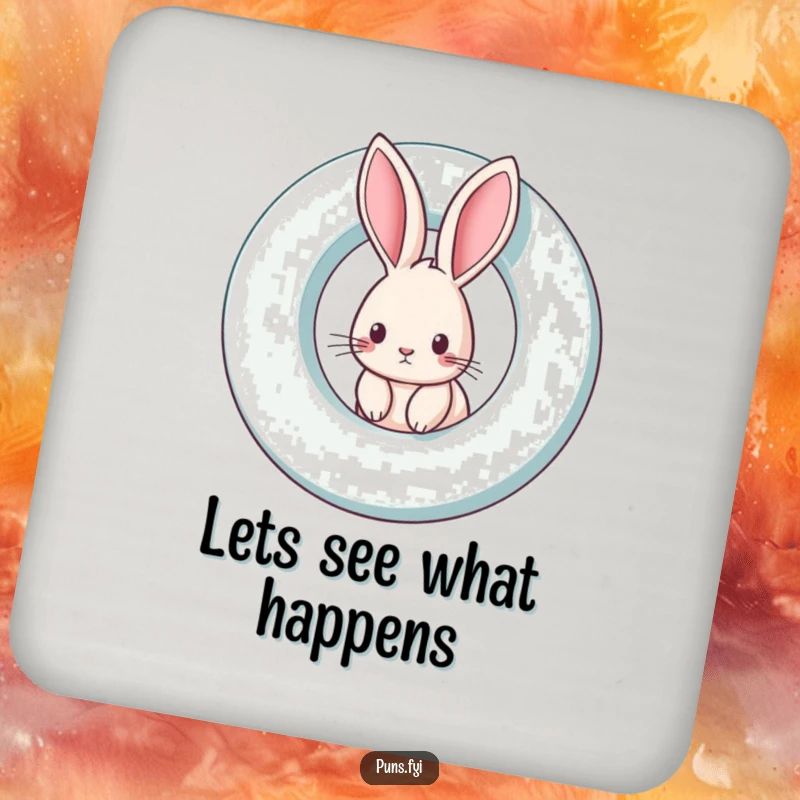 Funny rabbit coaster depicting a curious rabbit peeking from a giant spinning letter, perfect for protecting surfaces with humor.