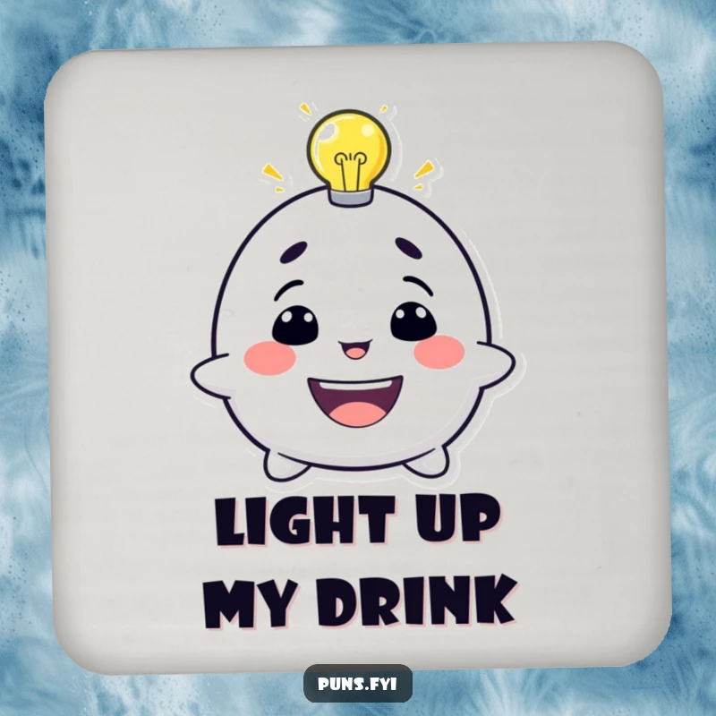 Funny drink coaster featuring a grinning character with a lightbulb overhead, designed to protect surfaces with humor.