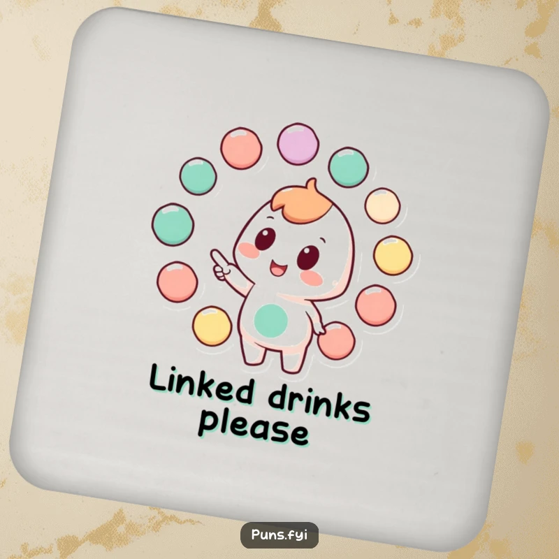 Funny drink coaster with a character pointing at interconnected circles, ideal for protecting surfaces with a thoughtful design.