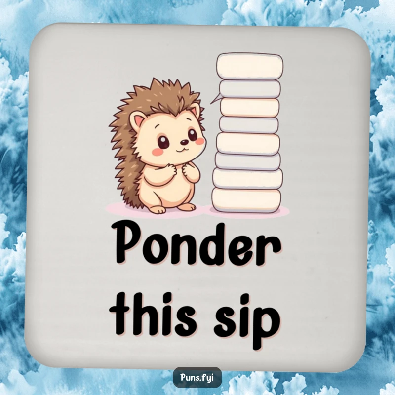 Funny coaster with a thoughtful kawaii hedgehog and word bubbles, adding wisdom and surface protection.