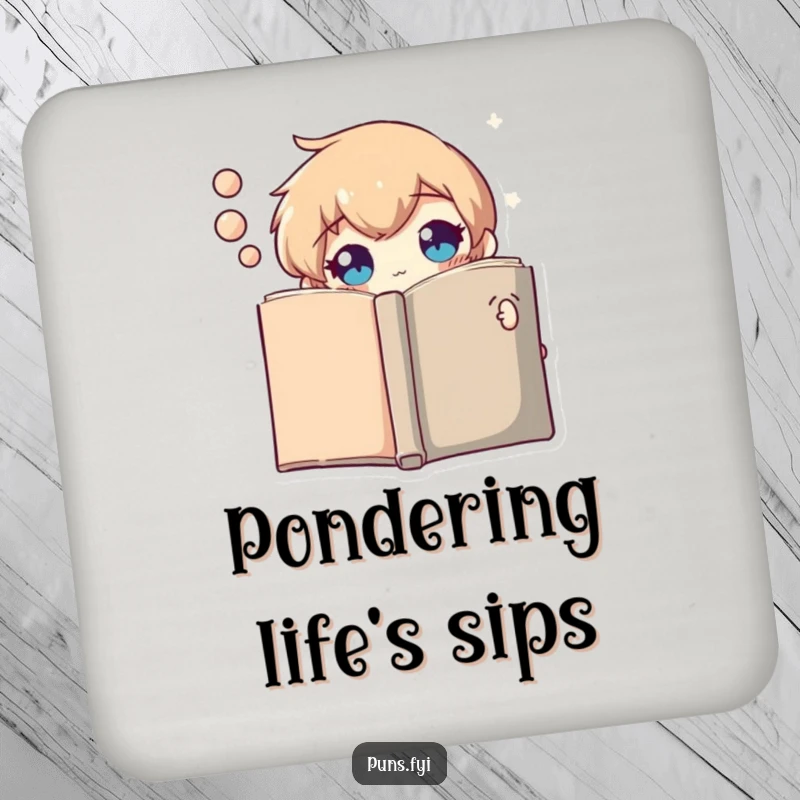 Funny drink coaster showing a curious thought bubble character peeking from behind a book, protecting surfaces with humor.