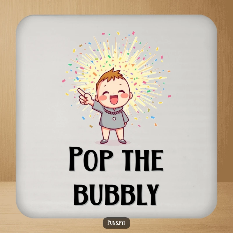 Funny confetti coaster with an enthusiastic character and a burst of confetti, offering humorous surface protection.