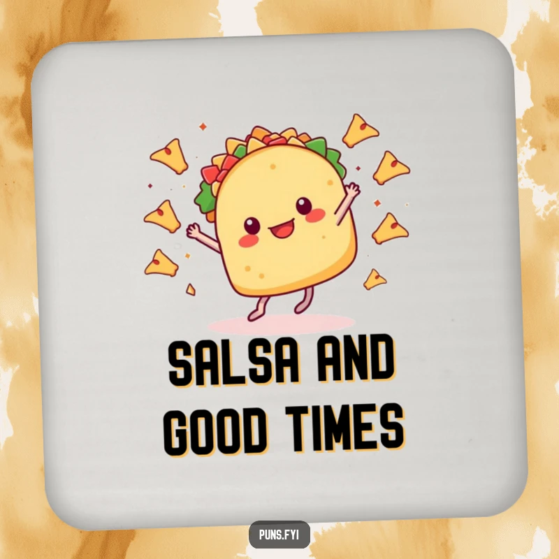 Funny drink coaster featuring a taco with tiny legs dancing, surrounded by flying nachos, adding fiesta fun to your table.