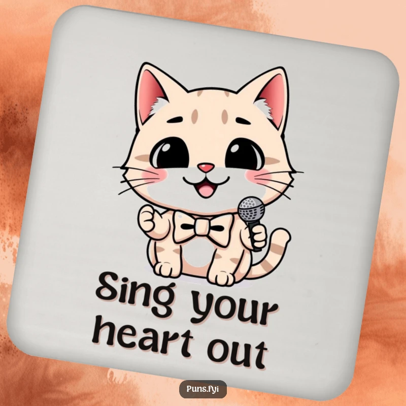 Funny cat coaster with a smiling cat wearing a bowtie and holding a tiny microphone, a humorous accessory for tables.