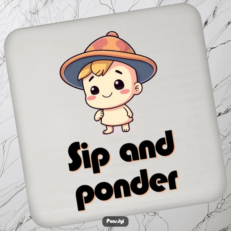 Funny drink coaster featuring a happy character wearing a silly, oversized thinking cap, protecting surfaces with quirky style, a perfect small funny gift.