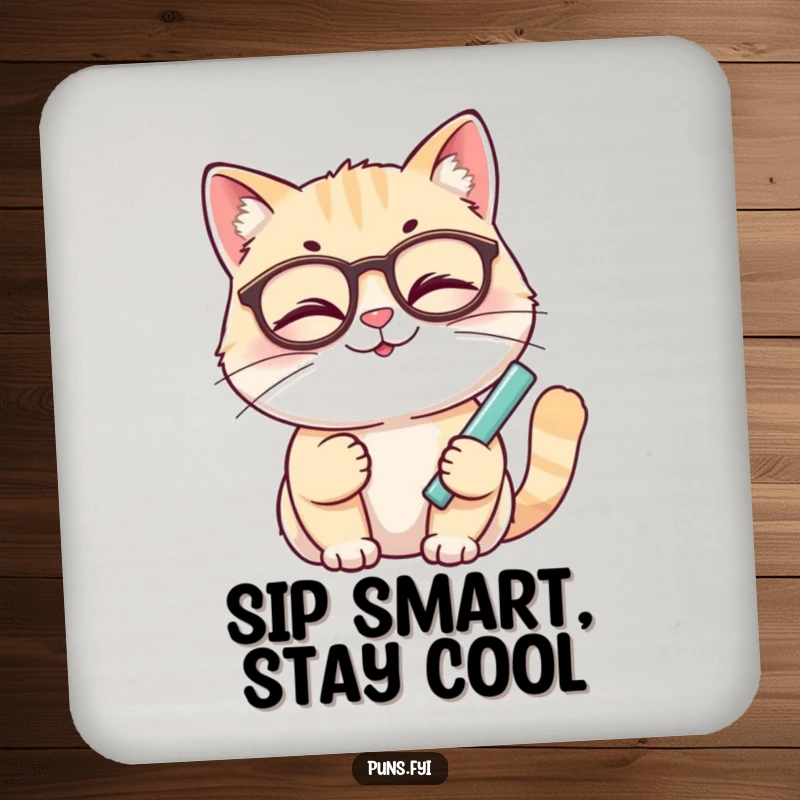 Funny cat drink coasters featuring a smiling cat with glasses winking while holding chalk, protecting surfaces with humor.
