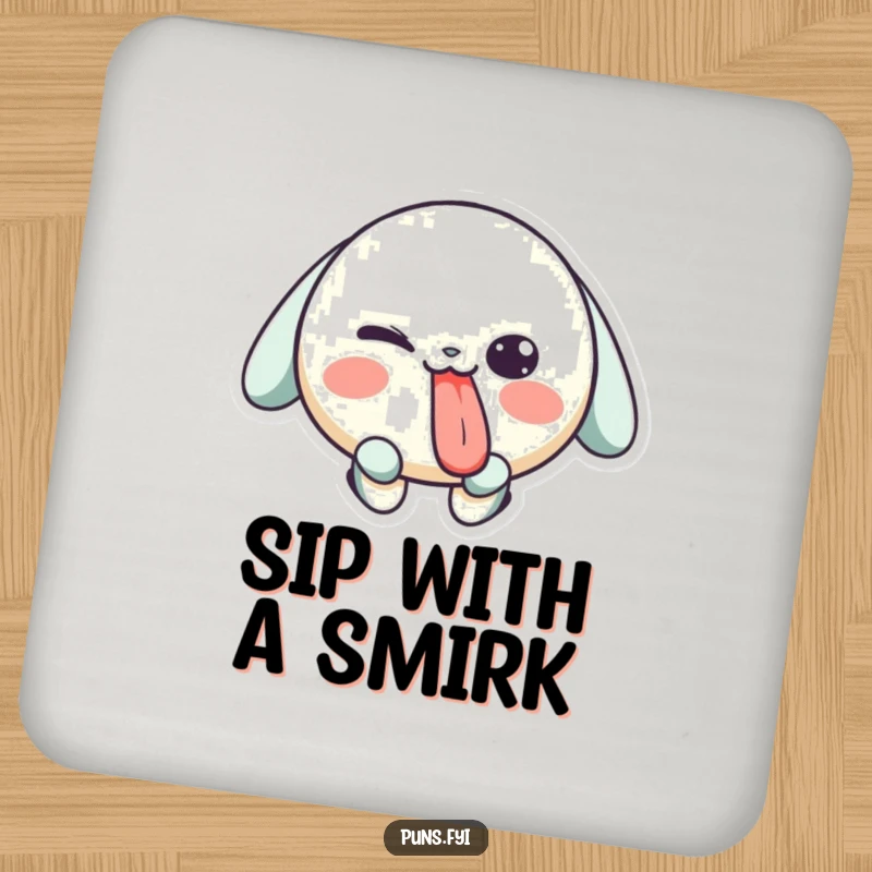 Funny drink coasters with a playful character sticking its tongue out and winking, protecting surfaces with charming mischief.