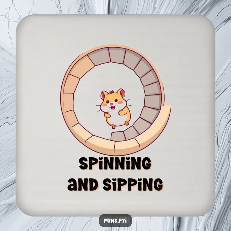 Funny hamster coaster depicting a hamster racing up a spiral staircase, perfect for protecting surfaces with humor.