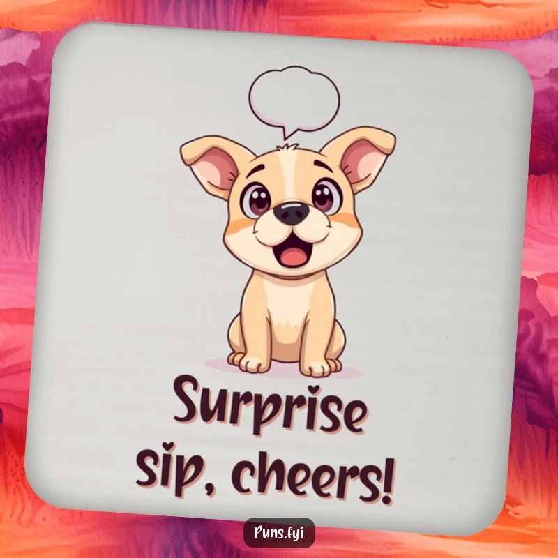 Funny drink coaster featuring a surprised dog with perked ears and a speech bubble, perfect for adding humorous protection.