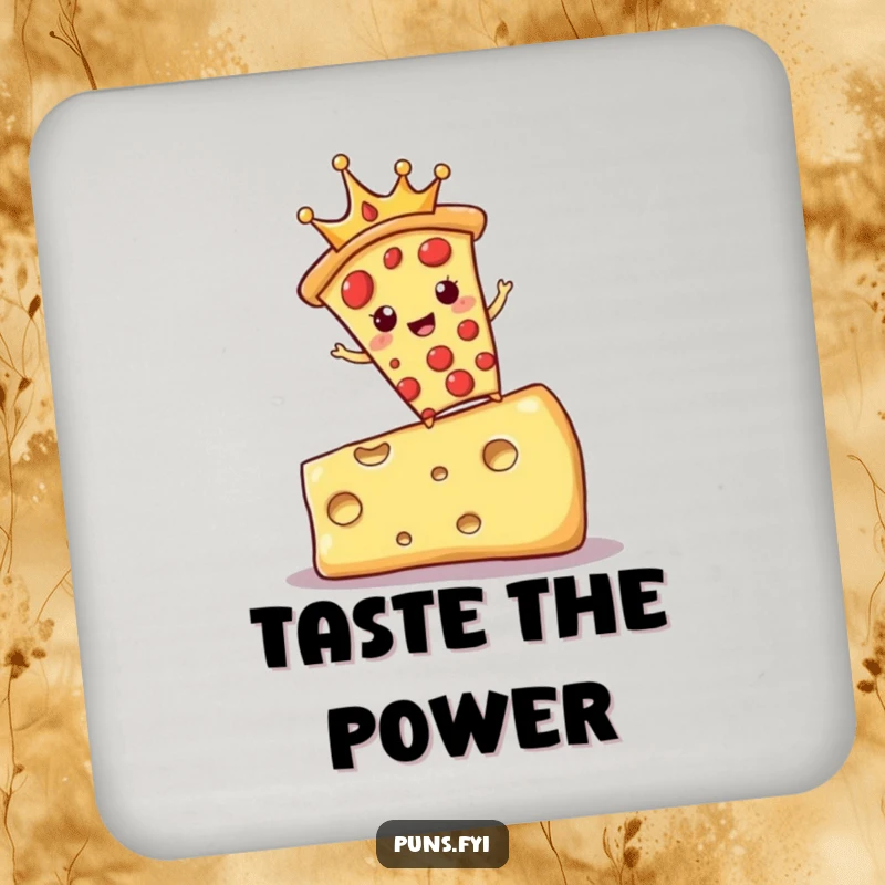 Funny drink coaster featuring a crowned pizza slice balancing on cheese, adding a touch of royal humor.
