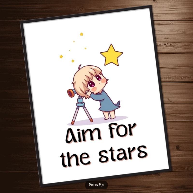 Funny poster art of a curious character peering through a telescope at a distant twinkling star, evoking a sense of cosmic awe.