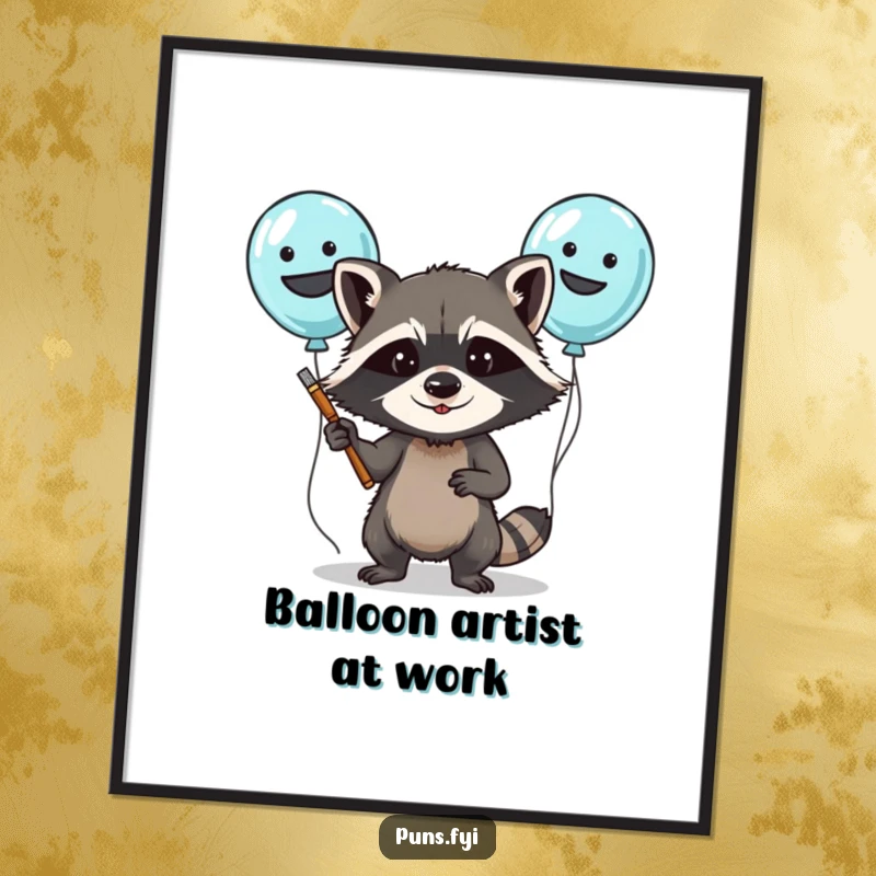 Funny poster depicting a determined raccoon painting silly faces on balloons, adding a playful and humorous touch to decor.