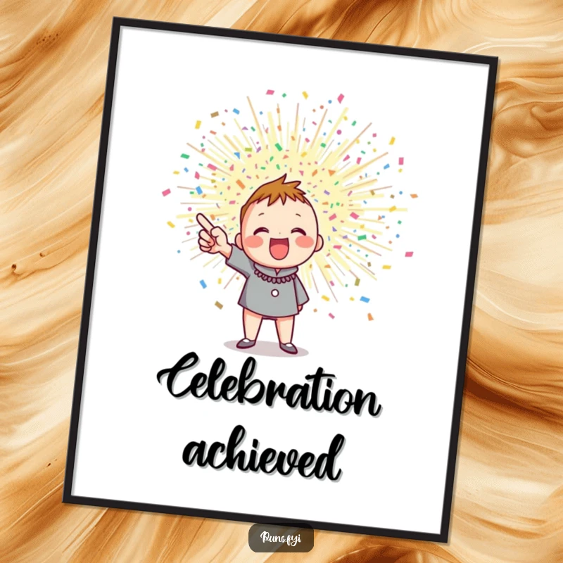 Funny poster of an enthusiastic character pointing at a dynamic, exploding confetti burst, creating a festive and humorous visual.