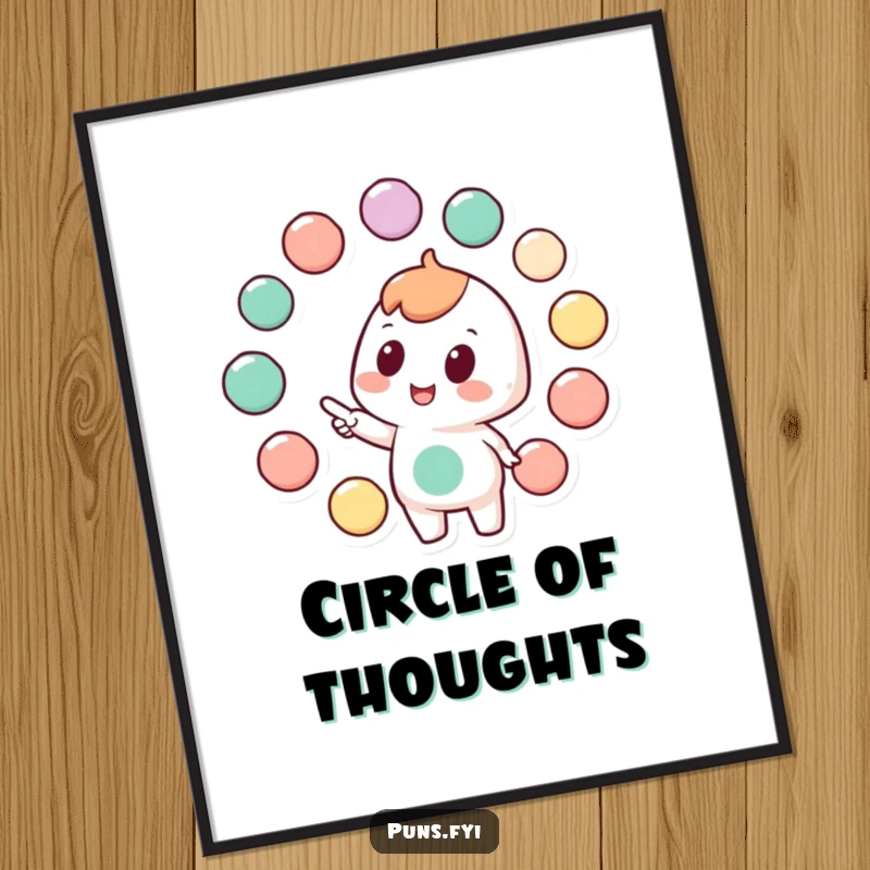 Funny poster depicting a character enthusiastically pointing at a network of connected circles, symbolizing interconnectedness and systems.