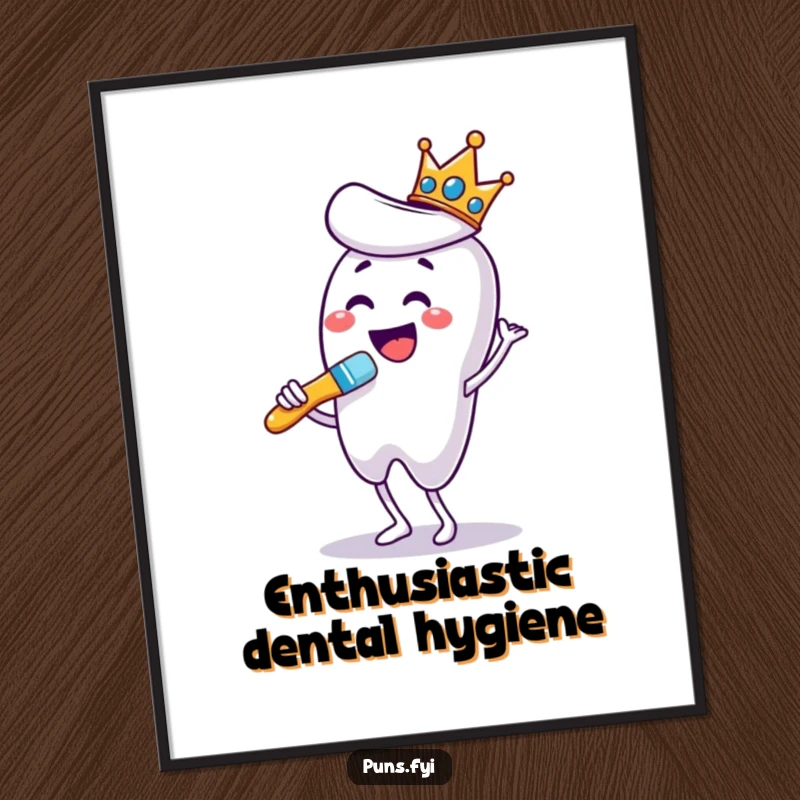 Funny poster artwork of a crowned toothbrush dancing energetically while brushing a giant tooth, a fun take on dental hygiene.