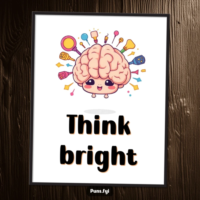Funny brainstorm poster depicting a cartoon brain character exploding with vibrant, colorful ideas. Motivational wall art.
