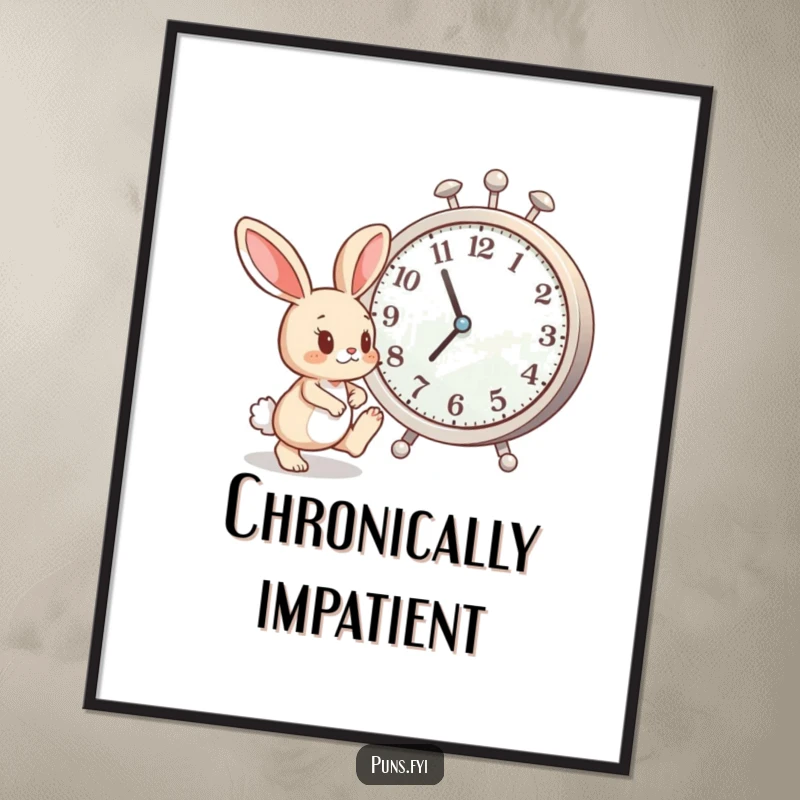 Funny poster art of a curious bunny tapping its foot impatiently beside a giant clock, conveying humorous anticipation.