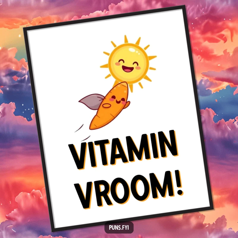 Funny poster art of a cheerful carrot with a cape flying towards a laughing sun, embodying joy and adventure.