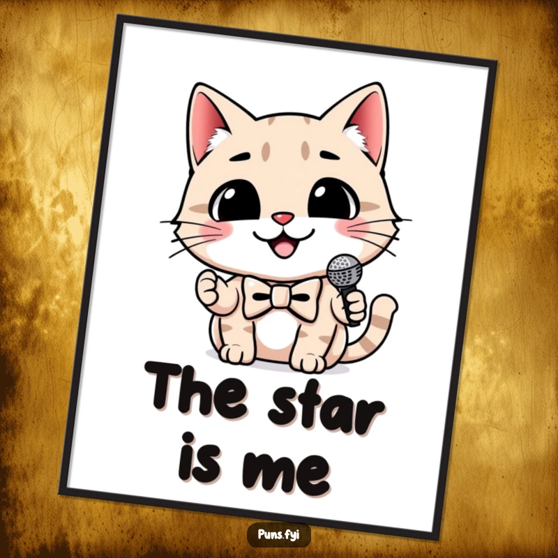 Funny cat poster showing a smiling cat wearing a bowtie and holding a tiny microphone, ready to perform, humorous art.