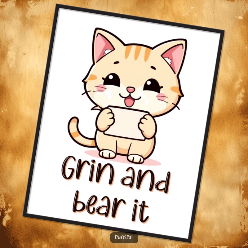 Funny cat speech bubble poster featuring a happy cat holding a speech bubble with a grinning word icon, ideal for humorous wall decor.