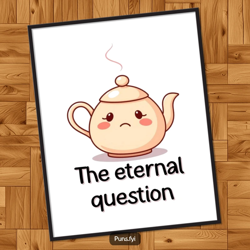 Funny poster artwork of a confused teapot whose steam forms a question mark, inviting contemplation and laughter.
