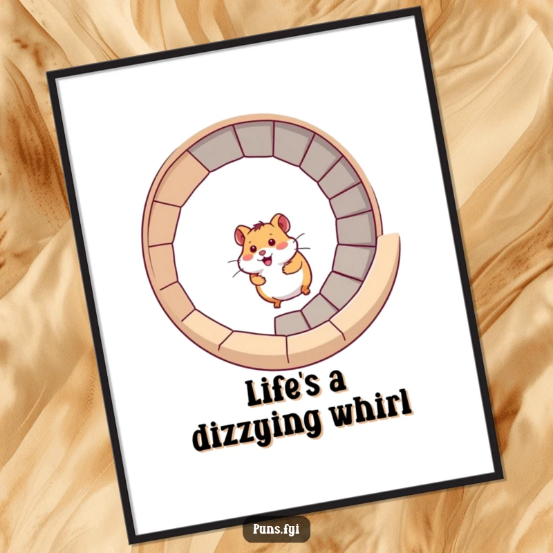 Funny hamster poster showcasing a hamster racing up a spiral staircase, perfect for dynamic and humorous wall decor.