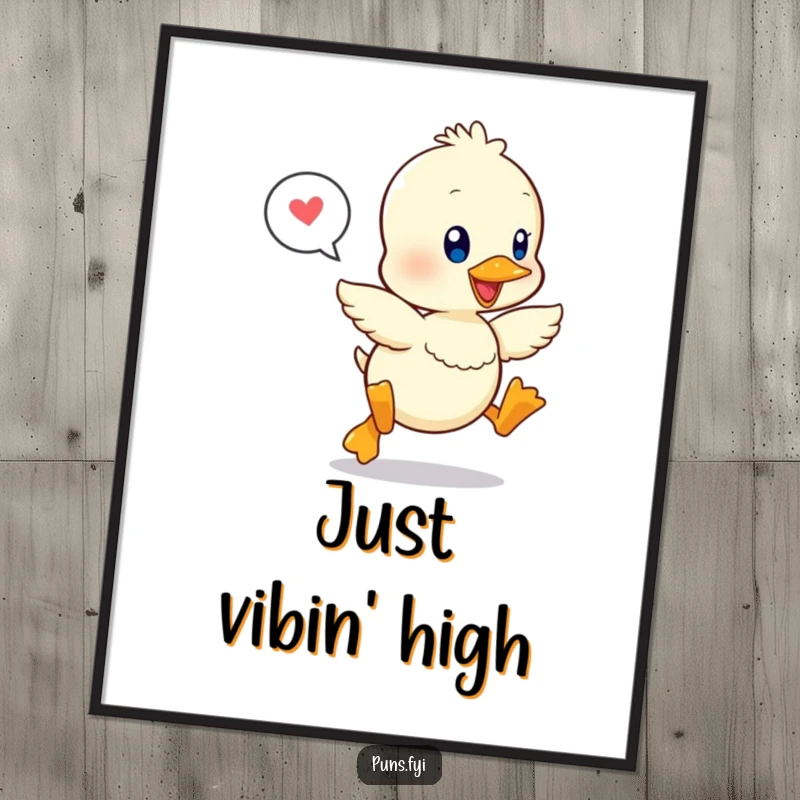 Funny poster of a kawaii duckling happily leaping, a speech bubble nearby, creating joyous and whimsical wall decor.