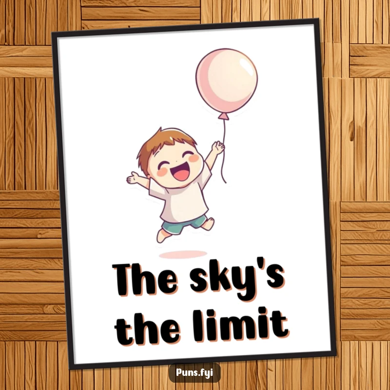 Funny Poster art of a smiling character jumping joyfully for a floating balloon, radiating pure happiness and optimism.