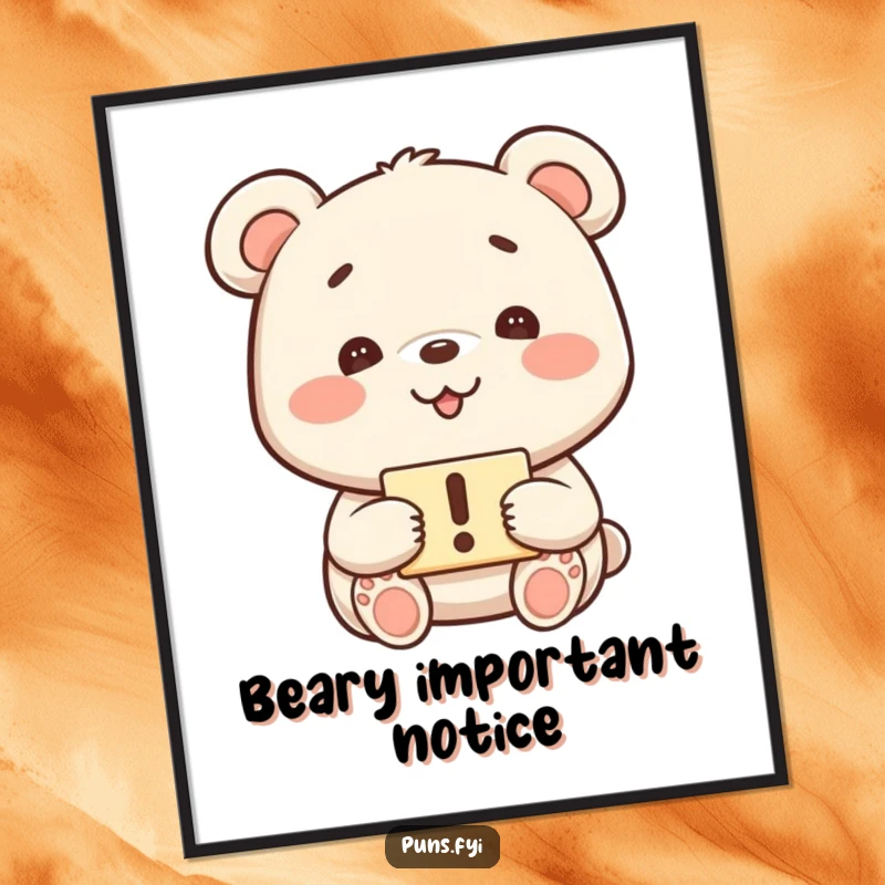 Funny kawaii bear with a huge grin holding an exclamation mark sign on a vibrant poster, excellent for a funny gift.