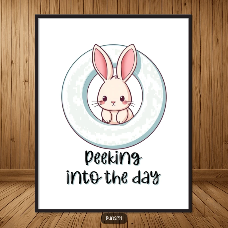 Funny rabbit poster showcasing a curious rabbit peeking from a giant spinning letter, perfect for whimsical and playful wall decor.