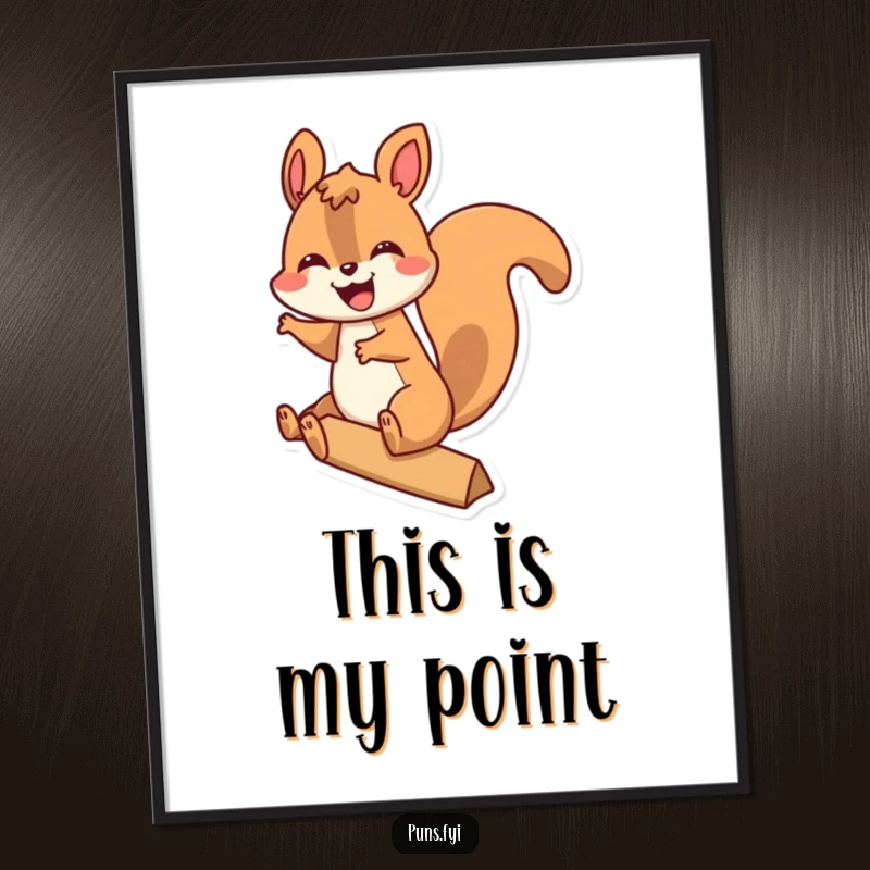 Funny poster art depicting a happy squirrel dynamically riding a large exclamation point, celebrating pure exhilaration.