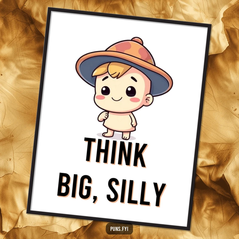 Funny poster art of a happy character wearing a silly, oversized thinking cap, inspiring quirky thoughts and creative contemplation, a fantastic funny gift.