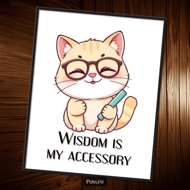 Funny cat poster depicting a smiling cat with glasses winking while holding chalk, adding a smart touch to decor.