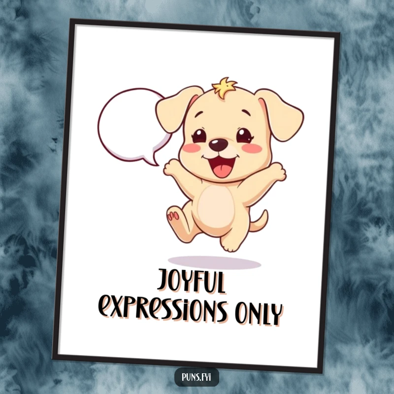 Funny puppy poster depicting a cheerful puppy bouncing with excitement next to a speech bubble, adding joy to any room.