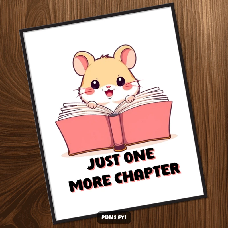 Funny poster depicting a happy hamster character peeking from behind a giant open book, emphasizing a love for reading.